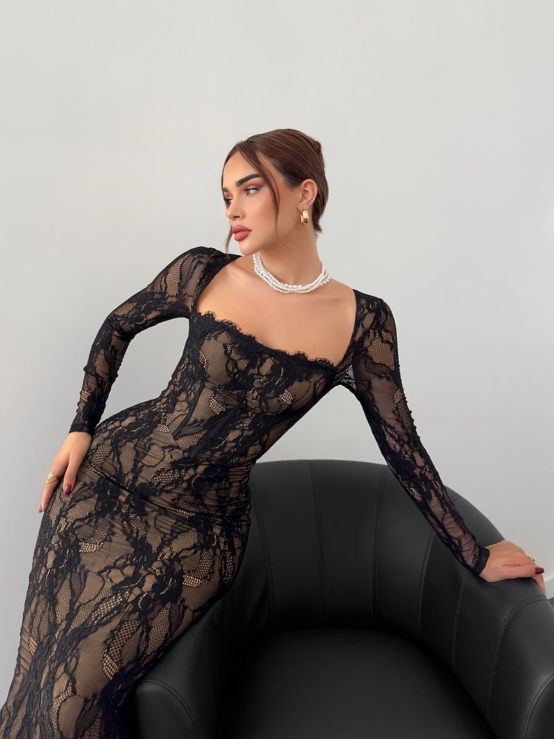 Elegant Square Neck Lace Splicing Slim Dress 2025 Style Fashionable One-Step Skirt - Image 1